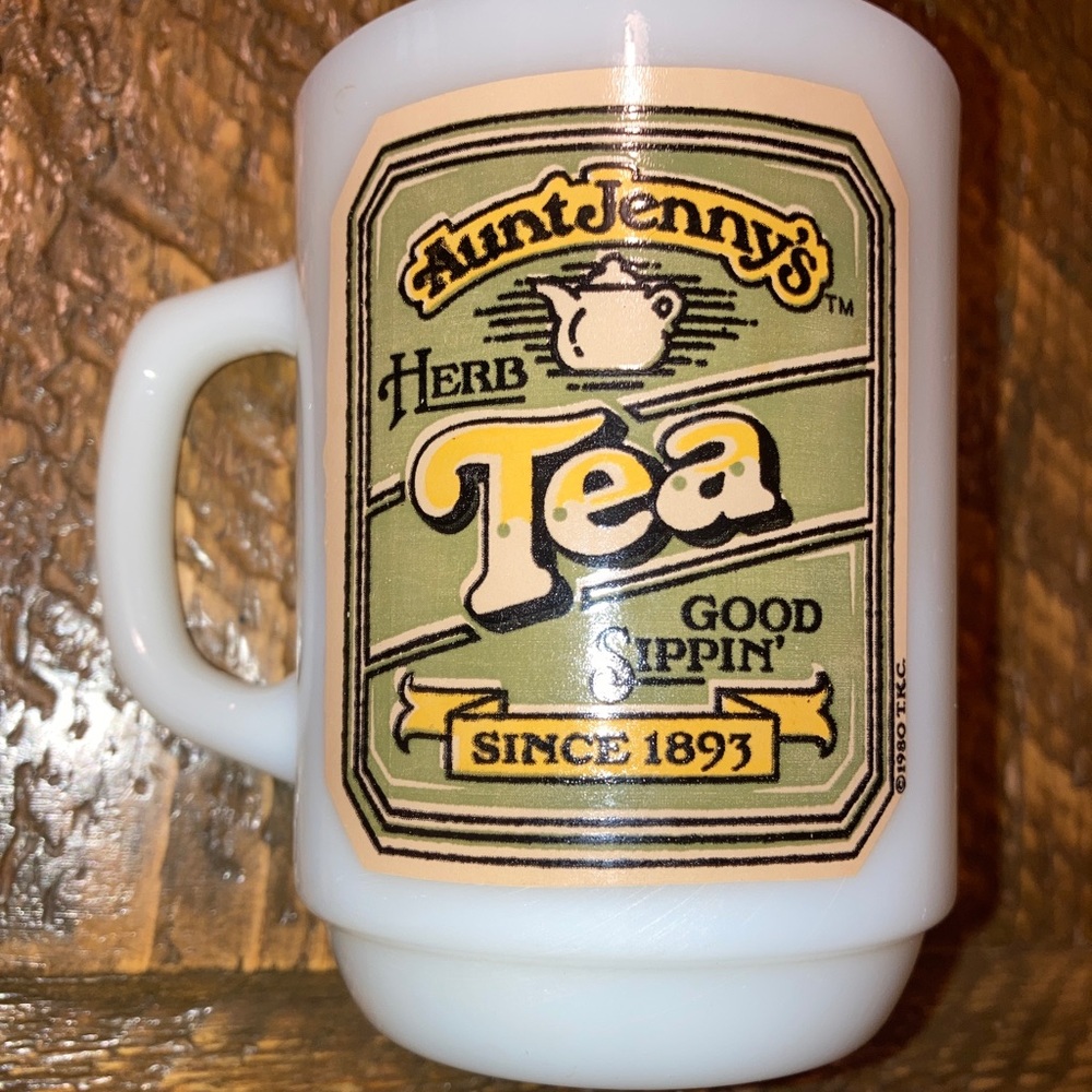 Vintage Anchor Hocking “Aunt Jenny’s Herb Tea Good Sippin” Mug Coffee Cup